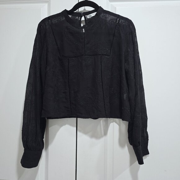 Nwt Zara - XL  Laurie Sheer Long sleeves  Embroidery Sheer Blouse - Black - Picture 3 of 7